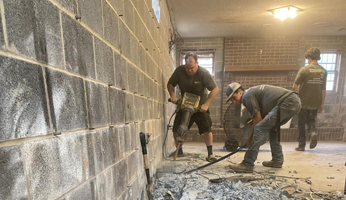 Professional team demolishing floor with equipment