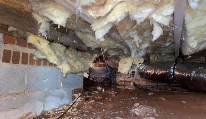 Damaged crawlspace with visible structural issues